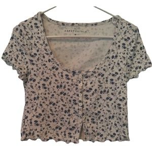 ☆ aéropostale white cropped button up with blue flowers